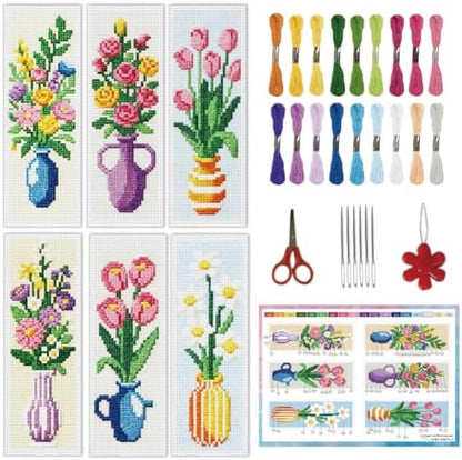 INFUNLY 6PCS Cross Stitch Bookmark Kit for Adults Flower Vase Stamped Embroidery Bookmark Kit with Backing Felt Floss Instruction for Book Lovers Readers by INFUNLY