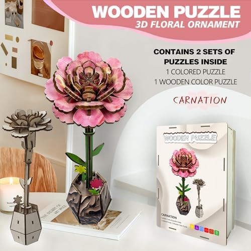 3D Wooden Flower Puzzles, DIY Kits Carnation Wooden Flower Crafts Set, Artificial Flower Model Kit to Assemble, Vase Puzzles for Adults - Image 2