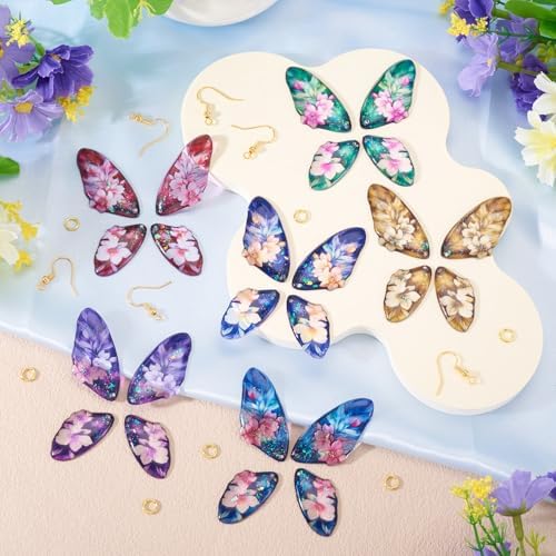 FASHEWELRY 24Pcs Resin Feather Wing Charms Gradient Color Floral Prints Wing Earring Pendants Colorful Butterfly Charms with Gold Foil for Jewelry Making - Earring Hooks & Jump Rings - Image 6