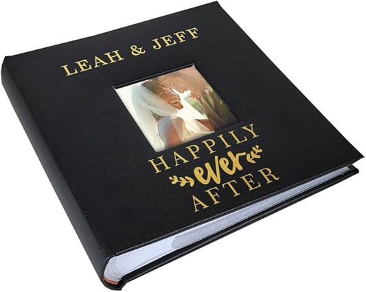 Personalized Wedding Photo Album, Custom Engraved Picture Album, Holds 200 4" x 6" Photos, Leatherette and Laser Engraved Scrapbook, Happily Ever After, Black