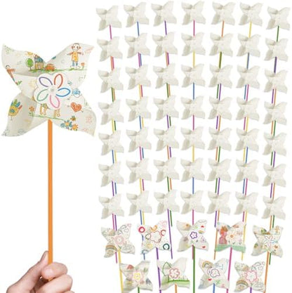 60 Pcs DIY Pinwheels Paper Crafts,Bulk Summer Pinwheel Craft Kit,Color Your Own White Pinwheel for July 4 Party Spring Art and Creativity by Zddaoole
