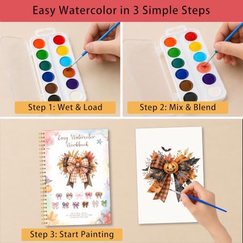 Holiday Bow Watercolor Workbook for Beginner, Watercolor Book with 12 Pretty Holiday Bow Pumpkin Halloween Christmas Patterns, Water Coloring Book Set with Palette and Brush, Christmas Gift for Girls - Image 3