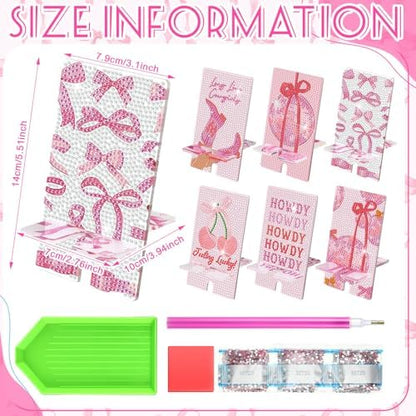 Saillong 6 Pcs Pink Bow Diamond Art Phone Stand, Full Drill DIY Holder - Image 4