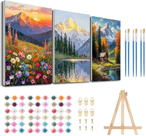 3 Pack Framed Paint by Numbers for Adult with Wooden Easel (8x12 inch) by MeothanDiamondPainting