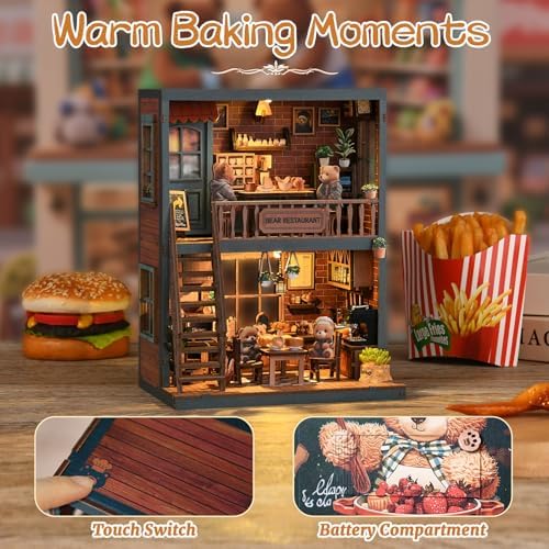 Book Nook Kit, DIY Miniature House Kit for Adult and Teens, 3D Wooden Puzzle Booknook Bookshelf Decor with LED Lights, Gift for Family, Friends, Age 14+ (Bear Restaurant) - Image 3