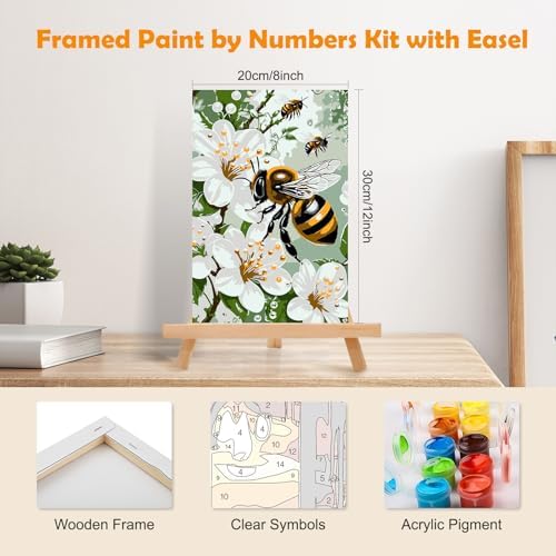 MOGTAA Paint by Numbers Kit for Adults with Frame, Bees Paint by Number Canvas, Flowers Landscape Paint by Numbers with Easel, DIY Animal Oil Painting Kit for Home Wall Decor 8 x 12 Inch - Image 2