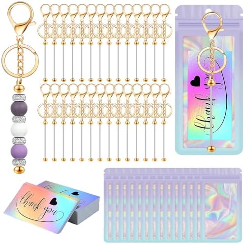 42/84/126 Pcs Beadable Keychain Bars Bulk Blank DIY Beaded Keychain Making Supplies with Bag Thank You Card by Unknown