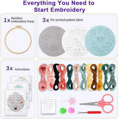 JOINRUN Beginner Embroidery Kit for Adults, 3 Pack with Video Tutorial - Image 3