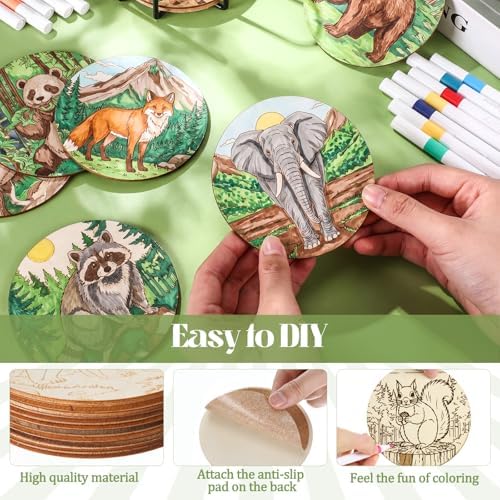 Reallnaive 45 Pcs Animal Wooden Coasters Painting Kit, 4 Inch Paint Your Own Boho Coasters with Markers, Arts and Crafts for Adults Women Seniors Elderly Crafters Gifts - Image 3