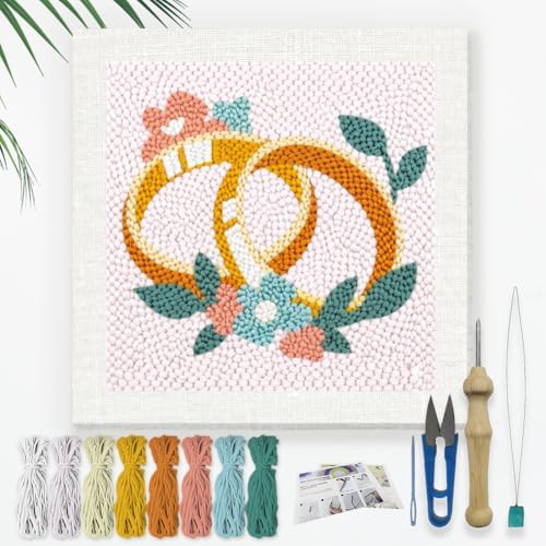 Doodlream Wedding Rings Needle Kit for Beginner, 9.4"x 9.4" Gold Rings Punch Stitching Craft Set, DIY Embroidery Starter with Printed Frame, Instruction, Threader, Yarn, Pinch Needle by Doodlream
