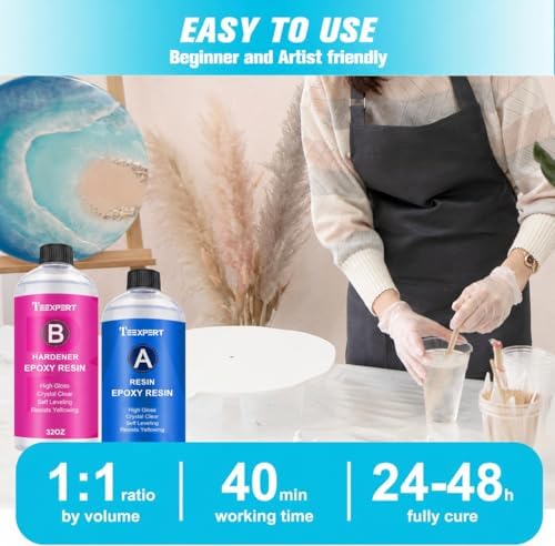 Teexpert Epoxy Resin Crystal Clear: 64OZ Epoxy Resin kit Fast Curing Heat Resistant for Casting Coating Art DIY Craft Jewelry Wood Table Top Flower Preservation- 2 Part(32OZ Resin and 32OZ Hardener) - Image 5