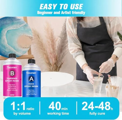 Teexpert Epoxy Resin Crystal Clear: 64OZ Epoxy Resin kit Fast Curing Heat Resistant for Casting Coating Art DIY Craft Jewelry Wood Table Top Flower Preservation- 2 Part(32OZ Resin and 32OZ Hardener) - Image 5