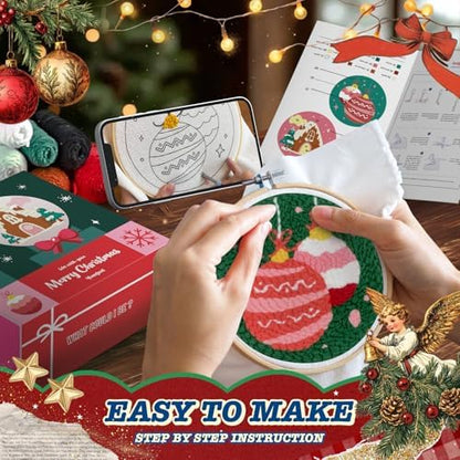 yuegool 2PCS Christmas Punch Needle Decoration Kit,Easy DIY Punch Needle Embroidery Kit for Beginners Adults Kids Including Patterns, Tools, Yarns, Hoop, Instruction, Bracket Art Craft Supplies - Image 4