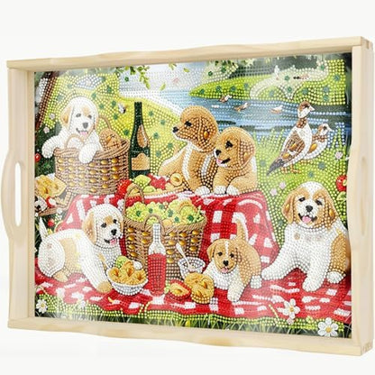 DOTSOPS 5D Dog Diamond Art Paintings Wooden Serving Trays with Handles by DOTSOPS