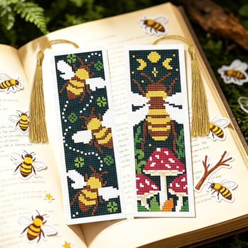 ACRNIGHEET 6PCS Cross Stitch Bookmark Kit for Beginner Stamped Cross Stitch Kits for Adults Retro Bee DIY Tassel Embroidery Bookmark Kits Needlepoint Kit with Instructions Craft Gift 8.5''x3'' 11CT - Image 5