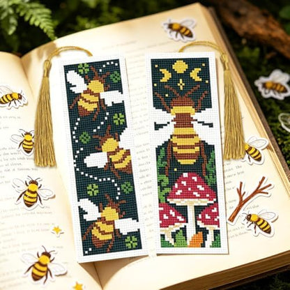 ACRNIGHEET 6PCS Cross Stitch Bookmark Kit for Beginner Stamped Cross Stitch Kits for Adults Retro Bee DIY Tassel Embroidery Bookmark Kits Needlepoint Kit with Instructions Craft Gift 8.5''x3'' 11CT - Image 5