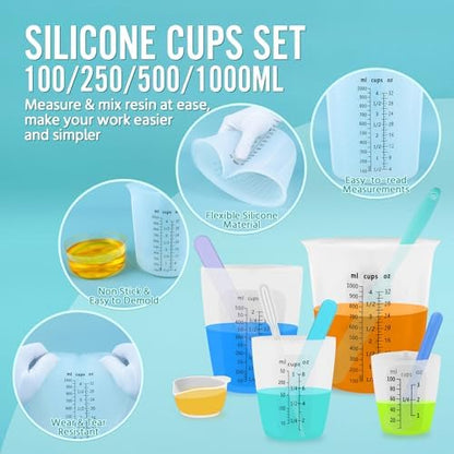 Silicone Resin Mixing 1L Measuring Cup Set for Resin Supplies, Easy-to-Read Marks, 1000ml/32oz Large Cup, 500&250&100ml Thickened Reusable Silicone Cups for Epoxy Mixing, Jewelry Making - Image 3