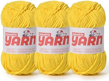 3 Pack Plush Chunky Chenille Yarn for Crocheting, Soft Fluffy Velvet Yarn for Crocheting, Fuzzy Baby Blanket Knitting Yarn, 300g/393yds Bulky Amigurumi Yarns（3 Yellow） by Sekafris