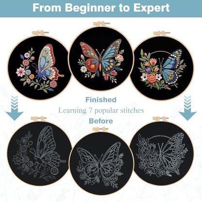 RidaaFri Embroidery Kit for Beginners, 3 Pk Stamped Butterfly DIY Craft - Image 2