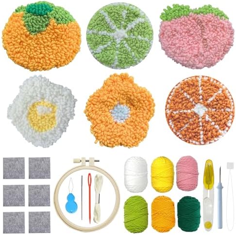 Allazone Punch Needle Coasters Kit, 6 Pattern Embroidery Punch Needle Kits, Punch Embroidery Kit, Fruit Pattern Coasters with Felt Yarns Hoop Tools for DIY Crafts by Allazone