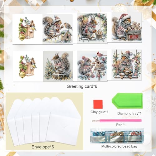 jinglinhh 6pcs Christmas Squirrel Cardinal Bird Diamond Art Painting Greeting Cards with Envelopes, DIY Card Making Kits for Adults, Diamond Art Postcards Holiday Cards Craft Gifts - Image 3