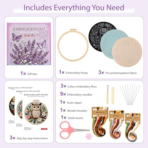 Uniartfy 3 Sets Embroidery Kit for Beginners with Owl Flower Pattern, Hand Needlepoint Kits for Adults, Embroidery Starter Kits with Hoops, Step by Step Video & Instructions, DIY Cross Stitch Kit - Image 2