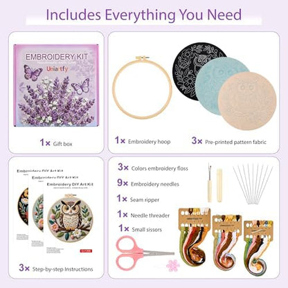 Uniartfy 3 Sets Embroidery Kit for Beginners with Owl Flower Pattern, Hand Needlepoint Kits for Adults, Embroidery Starter Kits with Hoops, Step by Step Video & Instructions, DIY Cross Stitch Kit - Image 2