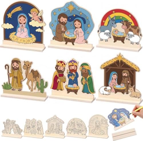 Yuntau 24 Pcs Wooden Nativity Crafts Kit, Color Your Own Table Decor by Yuntau