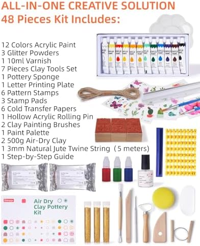 Air Dry Clay Kit for Adults, Pottery Kit for Beginners, 48 PCS Clay Kit with Acrylic Paints, Stamps, Sculpting Tools & Step-by-Step Guide - Crafts for Birthdays Xmas Gift & Decor - Image 3