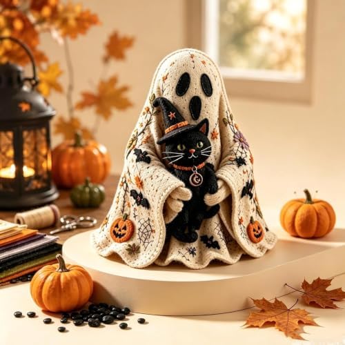 Ghost Halloween DIY Felt Patchwork Kit, 3 Styles Pre-Cut Fabric Ghost Sewing Craft Set, Handmade Fall Decor (Lantern) - Image 2