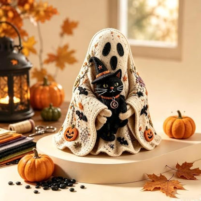 Ghost Halloween DIY Felt Patchwork Kit, 3 Styles Pre-Cut Fabric Ghost Sewing Craft Set, Handmade Fall Decor (Black Cat) - Image 2
