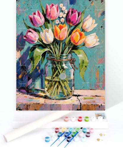 Sceorixa Tulip Paint by Numbers Kit for Adults – DIY Tulip Flower Bouquet- Jar Painting on Canvas, Acrylic Paint Set, Set for Beginners, Elegant Floral Art for Home Decoration or Gift(12X16IN Framed) - Image 3