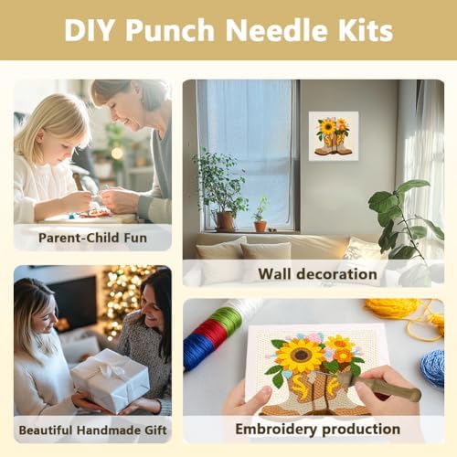 DOODLREAM Western Boots Punch Needle Kit for Beginner, 9.4"x9.4" Sunflower Punch Stitching Craft Set, DIY Embroidery Starter with Printed Frame, Instruction, Threader, Yarn, Pinch Needle - Image 4