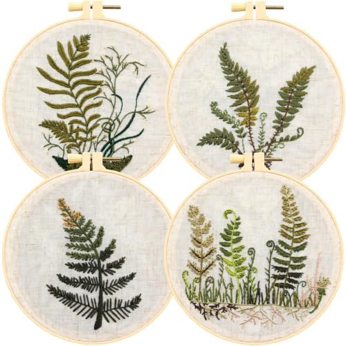 Fern Botanical Embroidery Kits for Beginners Adults, Vintage Plant Embroidery Sets Needlepoint Kits, Stamped Cross Stitch Kits for Beginners Adult, 4 Embroidery Hoops, Fabric (Attached Video Tutorial) by Armindou