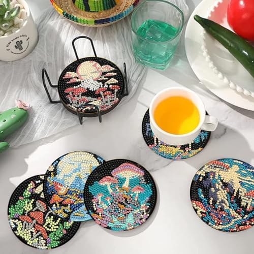EWJRNSF 10 PCS Diamond Art Coasters Kit, Small Diamond Painting Coasters, Fall Diamond Art Kits for Adults Beginners, Arts and Crafts Supplies Item Sets with Holder Mushroom - Image 5