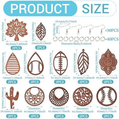 Elecrelive 12 Pairs Filigree Wood Dangle Earring Kits Leaf Teardrop Cactus Baseball Rugby Wooden Earring Pendants Saddle Brown with Ear Wires for Jewelry Craft Making - Image 5