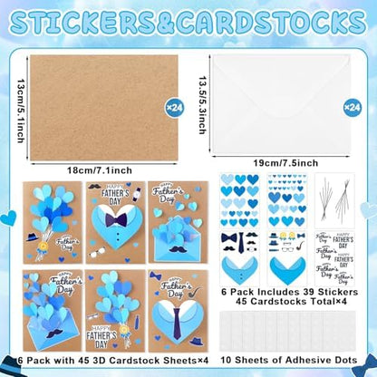 Yomjress 24 Sets Father's Day DIY Card Making Kit 3D Heart Tie Trophy Greeting Cards with Envelope Stickers Fathers Day DIY Card Crafts for Gifts Exchange Best Dad Daddy Papa Party Favors - Image 2