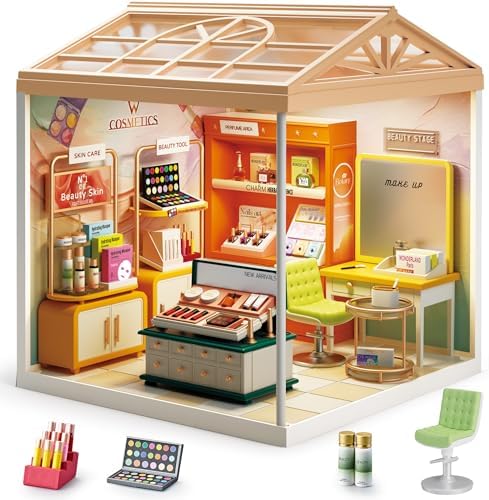 Makeup Store DIY Miniature House Kit with Roof & LED Light, Stackable & Connectable Dollhouse Kit with Dustproof Doors, Creative DIY Crafts Building Toy Gift for Adults Teens by Unknown