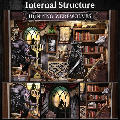 Book Nook Kit-3D Wooden Puzzle with LED Touch Control & Wall-Mountable Frame,DIY Miniature House for Beginners,Bookshelf/Tabletop/Wall Decor for Craft Lovers,Dollhouse Gift,Hunting Werewolves - Image 5