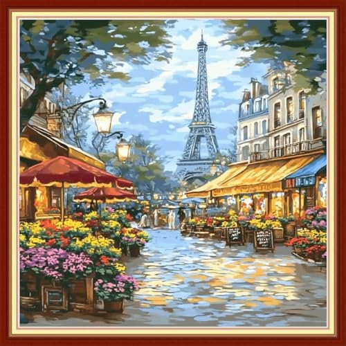 Joyhoor Cross Stitch Kits for Beginners Stamped Cross-Stitch Supplies Needlework preprint Embroidery Kits for Adults DIY Needlepoint Kits Embroidery Patterns 11CT-Street Eiffel Tower 18x18 inchs by JoyhoorCrossStitchKits