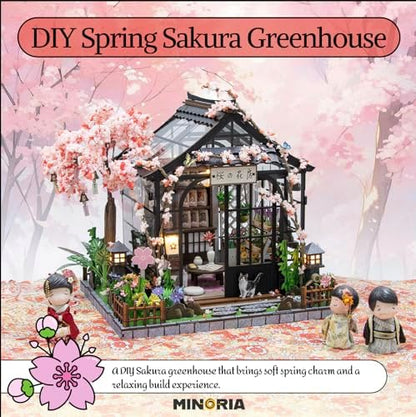 MINORIA Sakura Greenhouse DIY - Miniature House Building Kit-3D Wooden Cherry Blossom Dollhouse with Acrylic Dust Cover - LED Light - Image 2