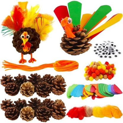 Qyeahkj Thanksgiving Pinecone Trukey Craft Kit for Kids (Makes 16), Fall Crafts Ornament for Kids Teens Adults Thankful Dinner Party Activity Supplies Classroom Project Table Centerpiece Decorations by Qyeahkj