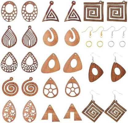 11 Pairs Wooden Dangle Earring Set Wooden Dangle Charms Teardrop Oval Rhombus Triangle Wood Earring Blanks with Hooks Unfinished Wood Pendants for Bohemian Jewelry by EEEELECRELIVE