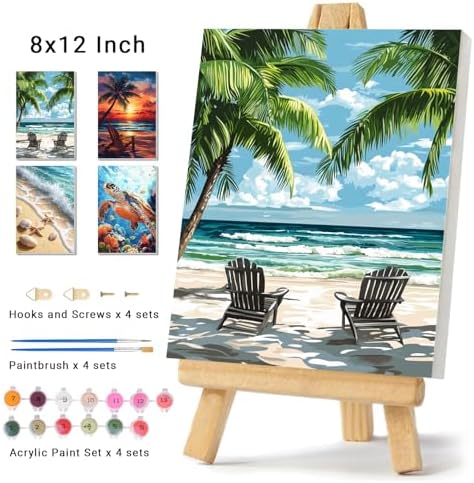 4 Pack Framed Paint by Numbers Kit for Adults Beginner Canvas Painting by Numbers for Adults Beach Easy Adult Paint by Number Kits with Frame Sea Turtle Watercolor Painting by Number 8x12 Inch - Image 2