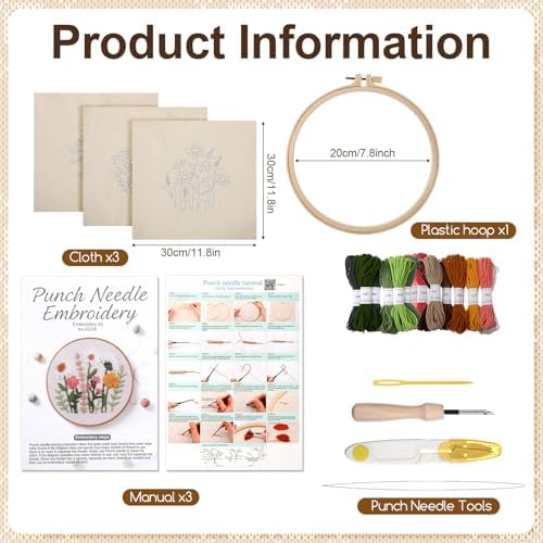 Lyksgir 3 Sets Punch Needle Kits, Flowers Punch Embroidery Kits - Image 2