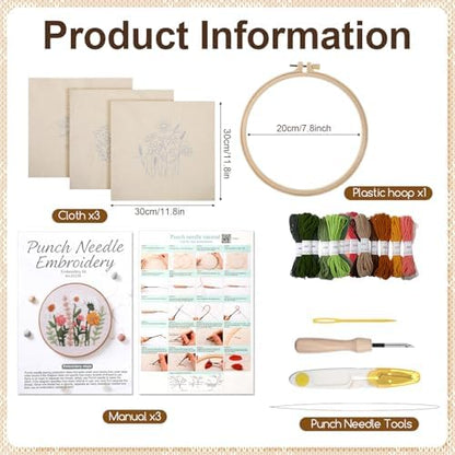 Lyksgir 3 Sets Punch Needle Kits, Flowers Punch Embroidery Kits - Image 2