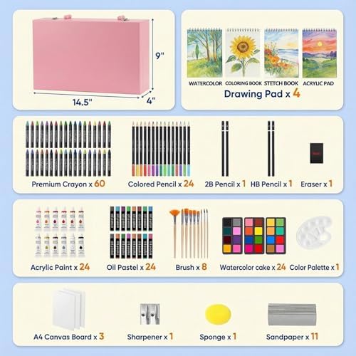 194 Piece Deluxe Art Set, Painting Drawing Art Supplies with 4 Drawing Pads, Acrylic Paints, Crayons, Colored Pencils Set in Wooden Case, Art Kit Gift Box for Kids, Teens, Adults, Artists, Beginners - Image 2