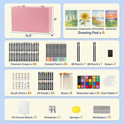 194 Piece Deluxe Art Set, Painting Drawing Art Supplies with 4 Drawing Pads, Acrylic Paints, Crayons, Colored Pencils Set in Wooden Case, Art Kit Gift Box for Kids, Teens, Adults, Artists, Beginners - Image 2
