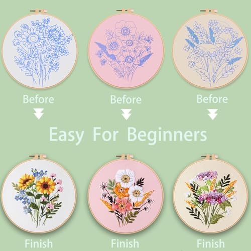 Ohcol 3 Sets Embroidery Kit for Beginners Cross Stitch Kits Needlepoint Kits Crafts for Adults with 3 Embroidery Hoops Easy-to-Follow Operating Instructions,Needle Point Kits with Flowers Patterns - Image 6