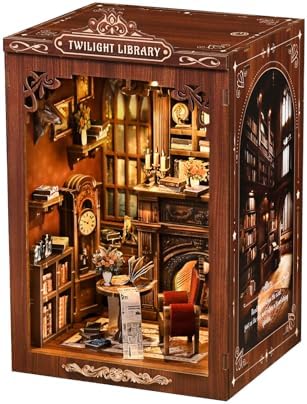 DIY Miniature House Kit, Library Book Nook Kit, 3D Wooden Puzzles Bookshelf Craft Kits, Dollhouse Kit with LED Light, Mini Building Kit for Adults Teen to Build (Twilight Library) by ANTREATU